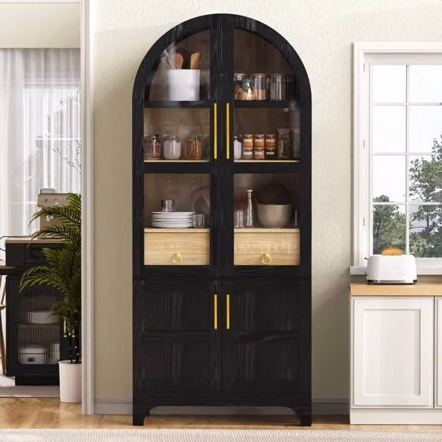Credenza da cucina alta con 3 cassetti, ante in vetro e ripiani regolabili, nera in MDF, 76 × 40 × 180 cm