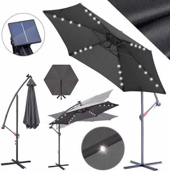 Luci a LED solari, lunghezza 300 cm - 24 luci bianche - Protezione UV 50+ (blocco UV del 98%) - Inclinazione e rotazione multi-asse - Struttura in acciaio robusta con 6 nervature - Include trave trasversale - Impermeabili, colore grigio