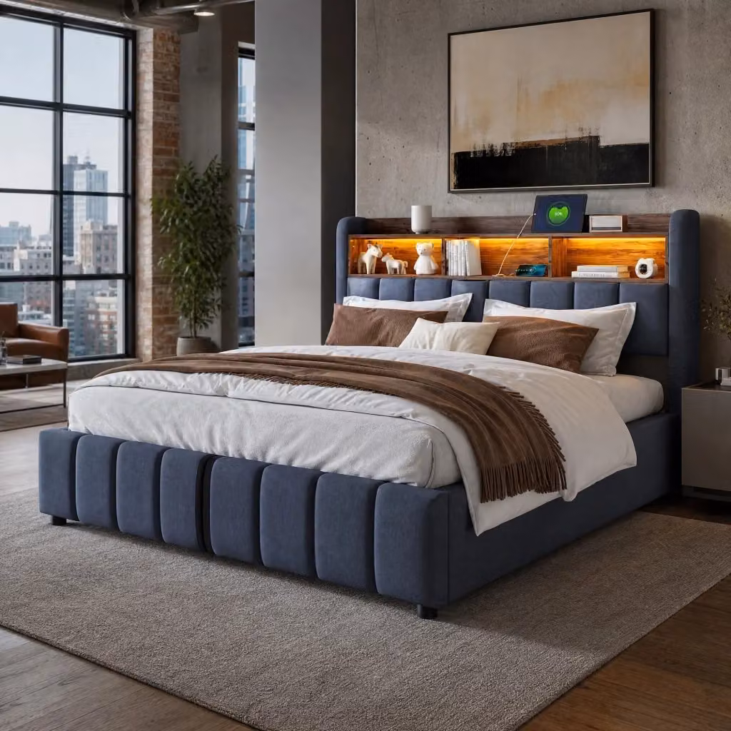 Letto imbottito Mivray con contenitore idraulico e testiera LED con porte USB e Type-C, tessuto di lino grigio, L/P/H: 180 x 200 x 111 cm – 2