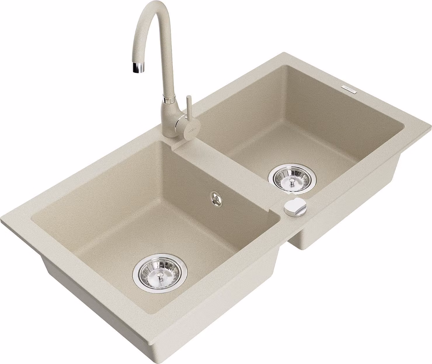 Mexen Mario lavello da cucina in granito a 2 vasche con rubinetto Telma, beige - 6504-69-670200-69