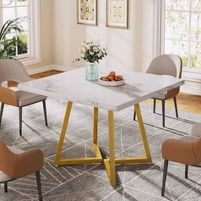 Tavolo da pranzo 80x80 cm, bianco, con dettagli dorati, in MDF e metallo
