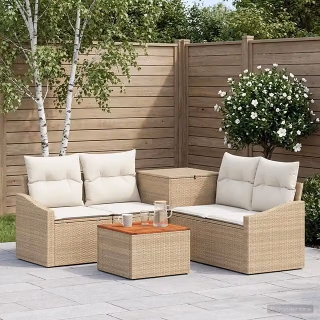 Set di divani da giardino vidaXL in polyrattan beige e bianco con tavolino e cuscini inclusi