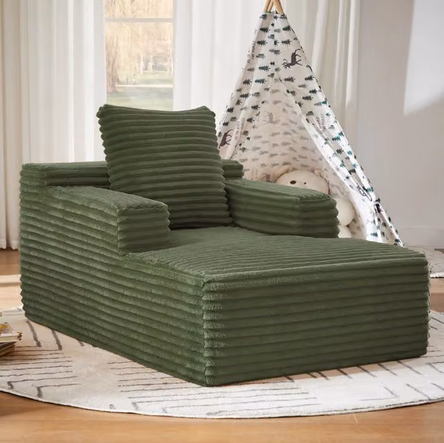 Divano letto ULEVR in velluto a coste verde, chaise longue e poltrona relax con schiuma e molle insacchettate