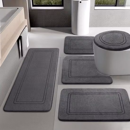 Set di tappetini da bagno in memory foam grigio scuro, 5 pezzi, tappetino per WC a forma di U, antiscivolo, lavabile