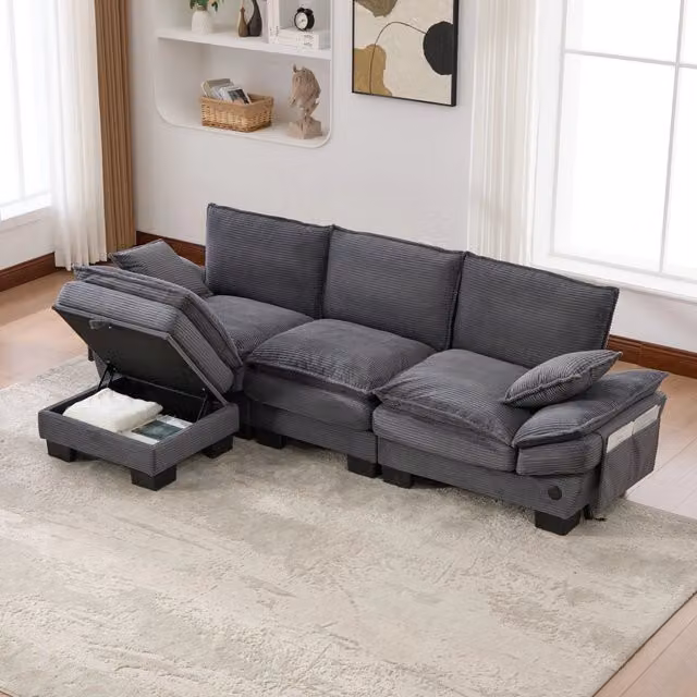 Divano modulare a 3 posti in velluto a coste con ampia seduta, pouf, porta USB-C e tasche laterali, grigio scuro