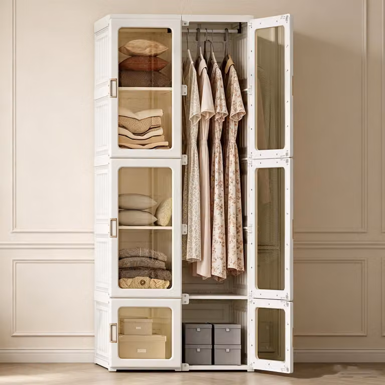 Armadio INONEFT, 69x50x170 cm, armadio pieghevole multifunzione con 1 asta appendiabiti, 10 scomparti, ante magnetiche, armadio guardaroba per soggiorno, bianco