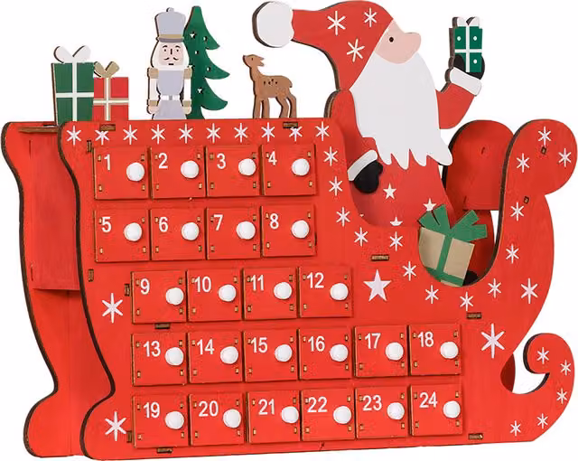 Calendario dell'Avvento HOMCOM in legno con 24 cassetti, decorazione natalizia Babbo Natale e slitta, rosso, L 22,5 cm x P 8 cm x H 36 cm
