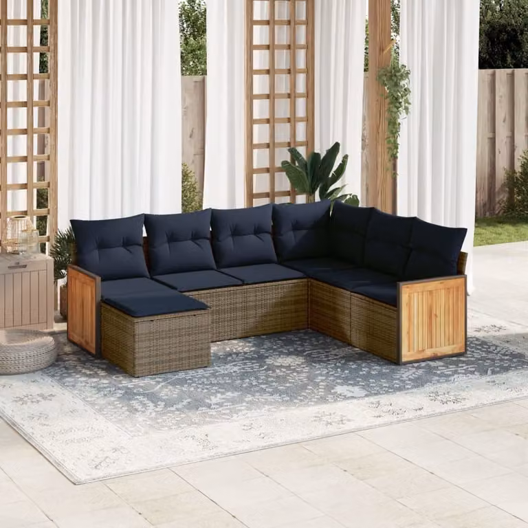 Set di divani da giardino vidaXL in polyrattan grigio con 7 pezzi, componibile a L con cuscini e tavolino da esterno