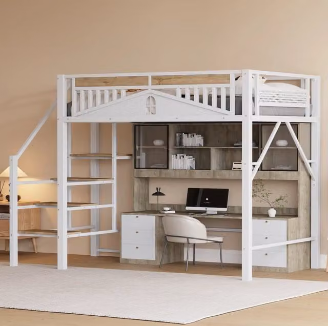 Letto a soppalco 140x200 cm bianco in metallo con scala e spazio sottostante