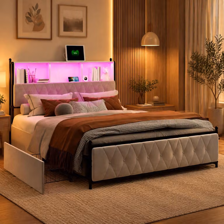 Letto imbottito INONEFT, dimensioni 180x200 cm, con illuminazione LED e prese USB, letto per ragazzi con spazio contenitore, 4 cassetti, struttura per letto matrimoniale con rete a doghe, rivestito in velluto, colore beige