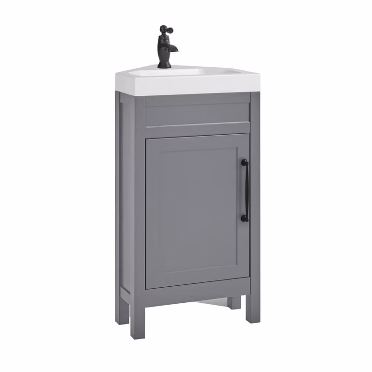 Mobile Bagno Angolare Grigio Chiaro da 450mm con Lavabo e Maniglia Classica Nera con Barra a T - Warwick