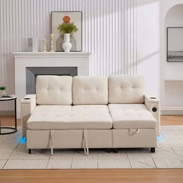 Divano Letto Pieghevole REDOM Beige con Contenitore e LED L: 208 cm, P: 146 cm, H: 89,5 cm