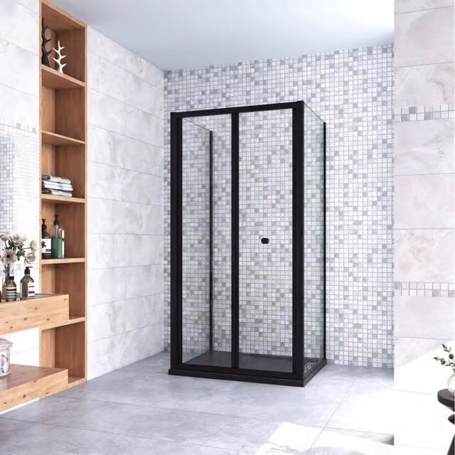 185cm Box Doccia a Tre Lati Porta a Soffietto 100cm con Doppia Parete Fissa 80x80cm in Vetro Temperato Trasparente 5 mm Profilo Nero Opaco