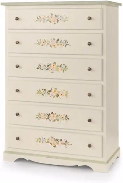 Cassettiera 6 cassetti arte povera in legno massello e mdf con rifinitura in bianco filo verde con decori 97x49x140 H