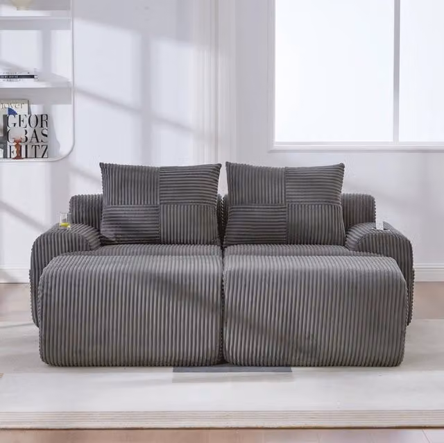 Divano modulare 2 posti in corduroy con portabicchieri e tasca laterale; grigio scuro 200x174x80 cm