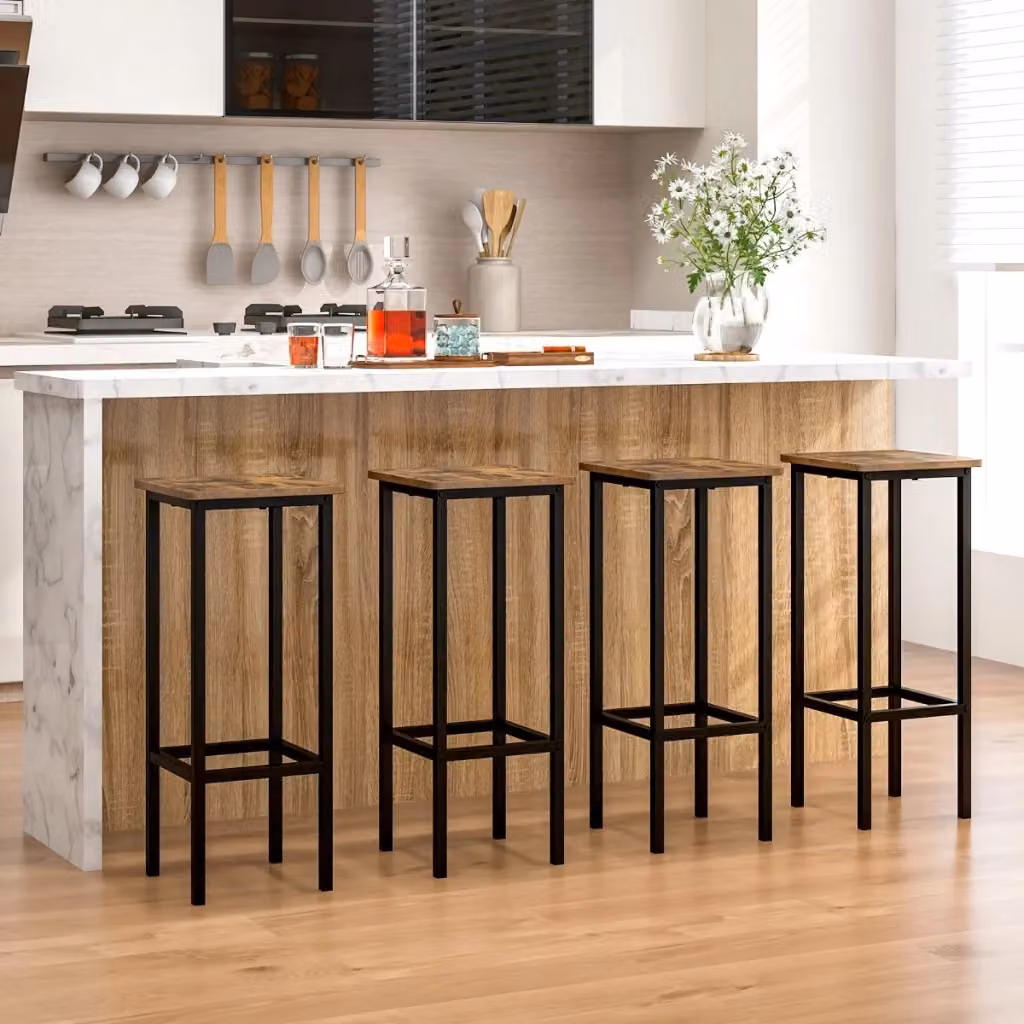 Set di 4 sgabelli da bar Design Mania in stile industriale con gambe in metallo nero e seduta marrone, Altezza: 72 cm – 2