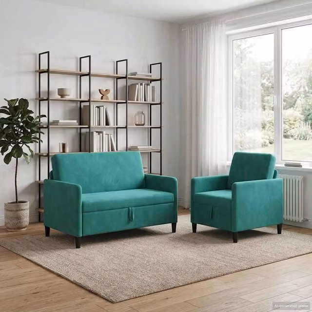 Set di 2 Divani Moderni vidaXL con Contenitore e Seduta Sollevabile, Colore Turchese, Rivestimento in Tessuto Poliestere – 1