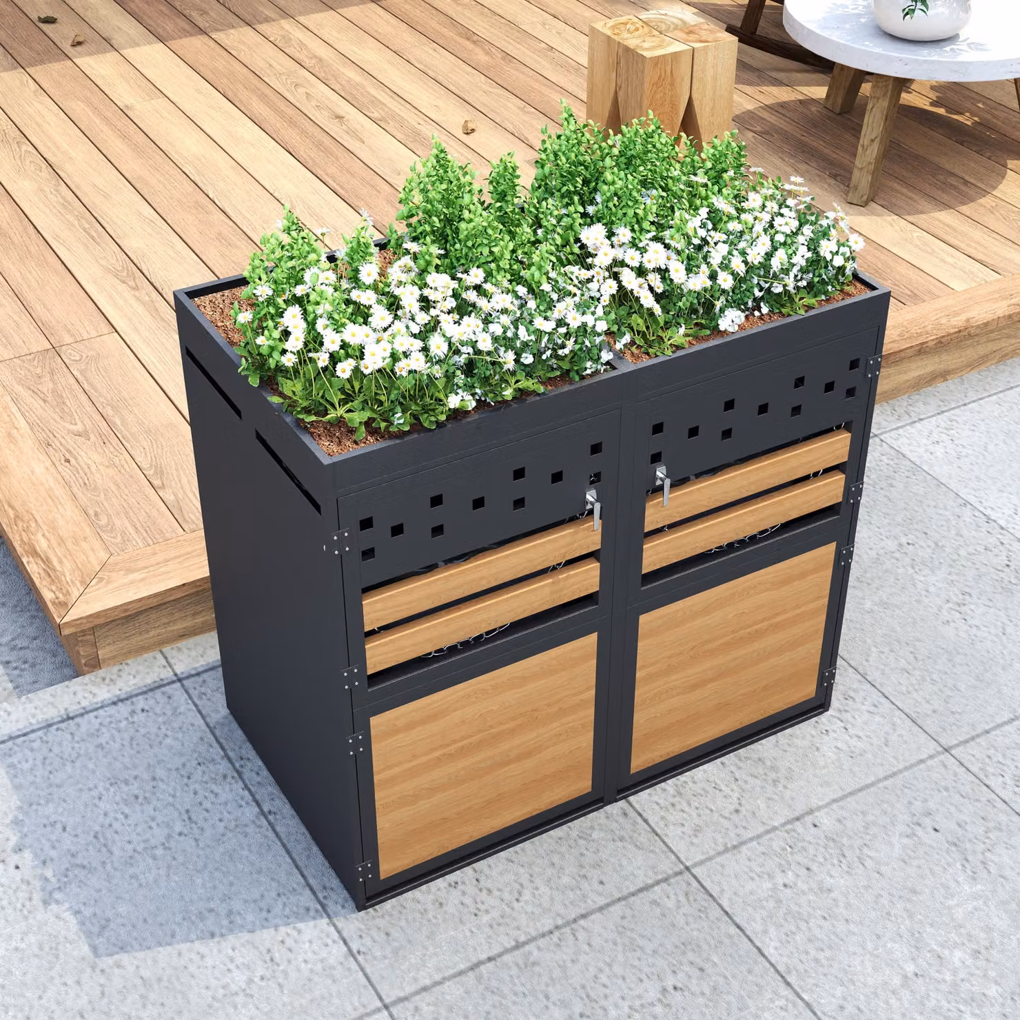 Set di 2 box per bidoni della spazzatura STILVORA con tetto verde, box per 2 bidoni da 120-240 litri, box contenitivo con porta effetto legno, grigio + naturale