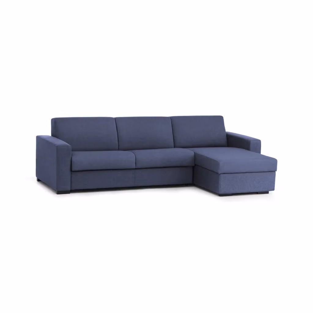 Divano ad angolo Atos TALAMO ITALIA con penisola contenitore reversibile e funzione letto, rivestimento in tessuto blu, L: 280 cm, P: 95 cm, H: 90 cm – 2