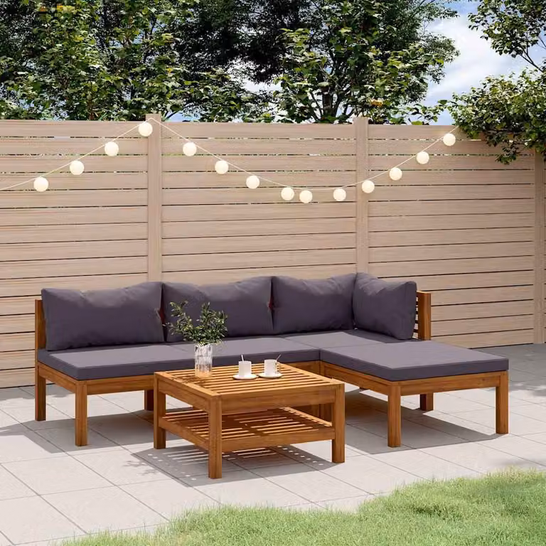 Set da giardino vidaXL in legno di acacia con cuscini grigi, composto da 5 pezzi con divano angolare, pouf e tavolino da caffè