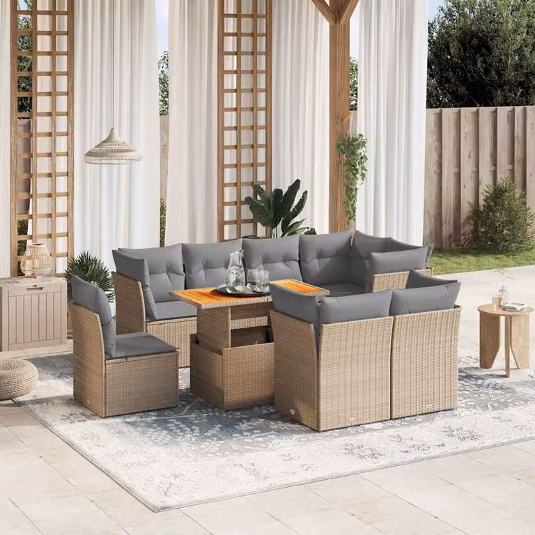 vidaXL Set Divano da Giardino a L 9 pz con Cuscini Beige e Tavolino in Polyrattan e Legno di Acacia