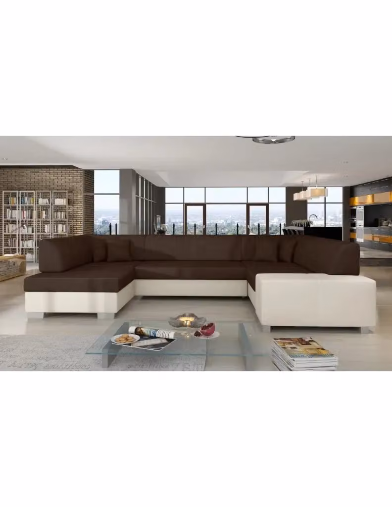 Divano panoramico a U HAVANA MEUBLORAMA convertibile per 6 persone, Marrone e Bianco, con funzione letto e seduta sollevabile – 2