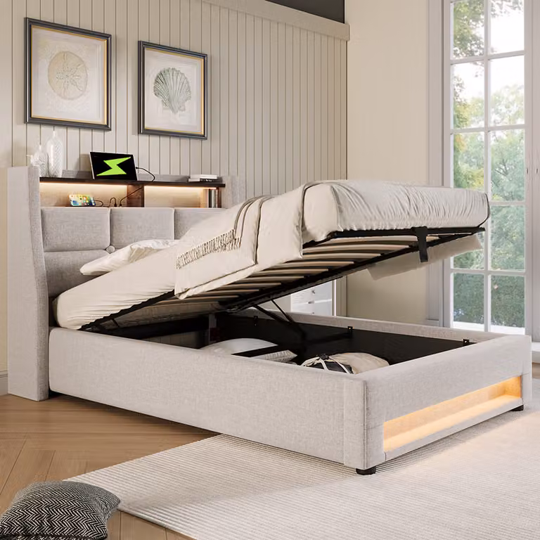 Letto imbottito Sweiko 90x200cm con USB, letto singolo LED con rete metallica a doghe, struttura letto in materiale di lino letto per ragazzi