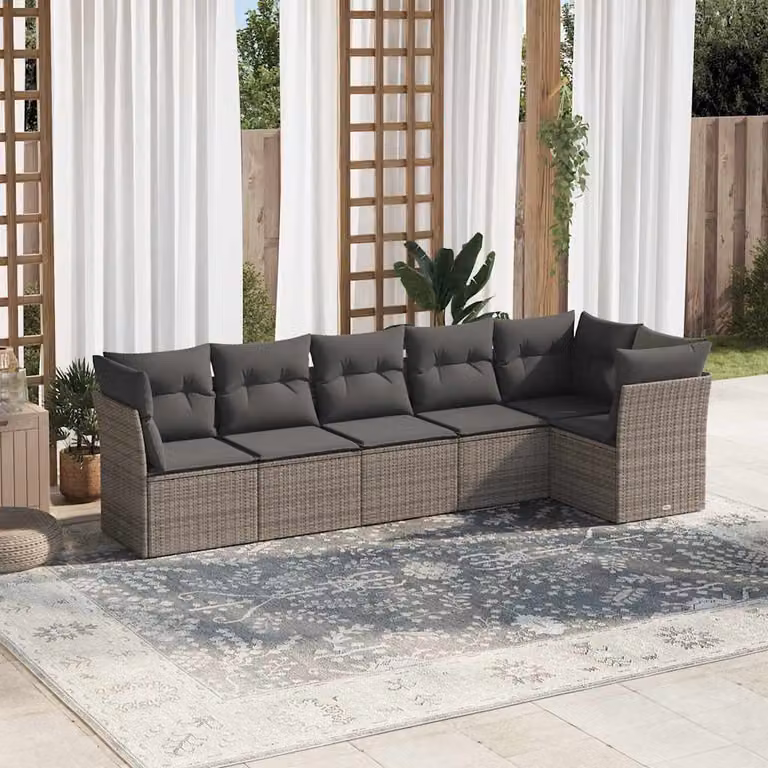vidaXL Set Divano da Giardino a L in Polyrattan Grigio con Cuscini, 6 Pezzi