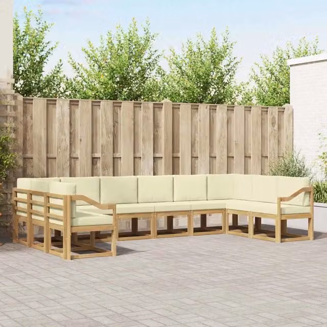 Set di divani da esterno a L vidaXL in legno di acacia con cuscini Bianchi e Beige – 1
