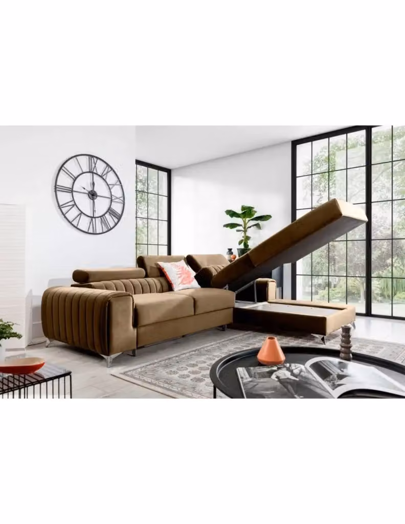 Divano angolare destro JAYSON MEUBLORAMA marrone, convertibile a 3 posti con funzione letto, poggiatesta regolabile e seduta con contenitore, L 278 x P 205 x H 90 cm – 2