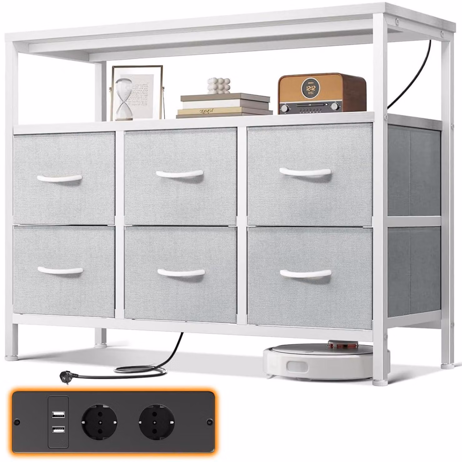Comodino con 6 cassetti rivestiti in tessuto, 2 prese di corrente, 2 porte USB, dimensioni 100x30x85,2 cm, colore bianco