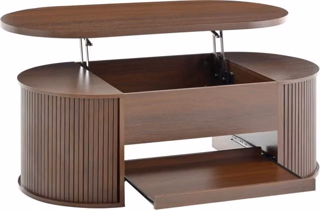 Tavolino da soggiorno regolabile in altezza con lati in legno curvato, ripiano estraibile e piano sollevabile, colore noce