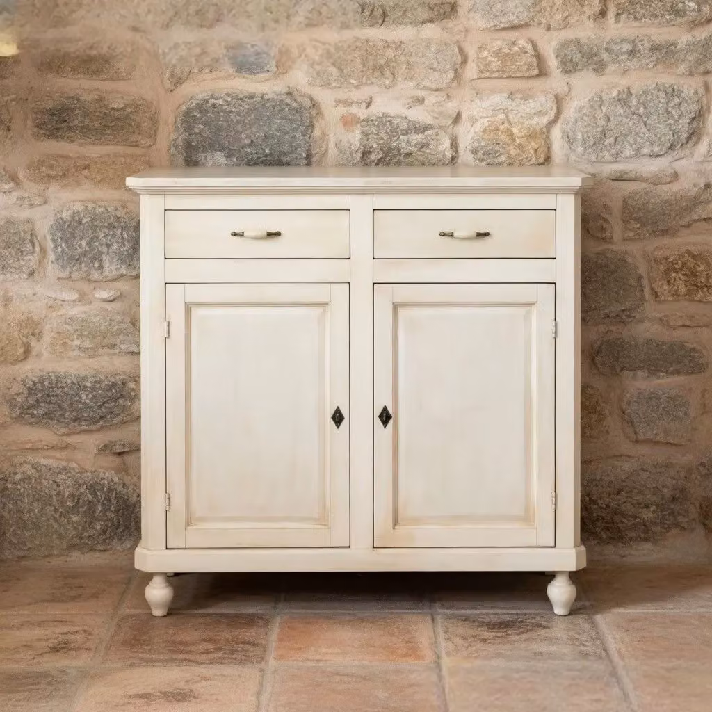 Credenza Mobili 2G in legno stile shabby chic bianco anticato con 2 porte e 2 cassetti L: 105 cm, P: 45 cm, H: 98 cm – 1