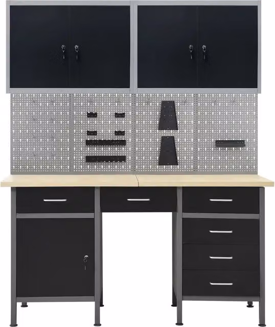 Banco da Lavoro vidaXL in Acciaio con 4 Pannelli Forati e 2 Armadietti, Regolabile in Altezza, Grigio e Nero, L/P/H: 160 x 50 x 85 cm