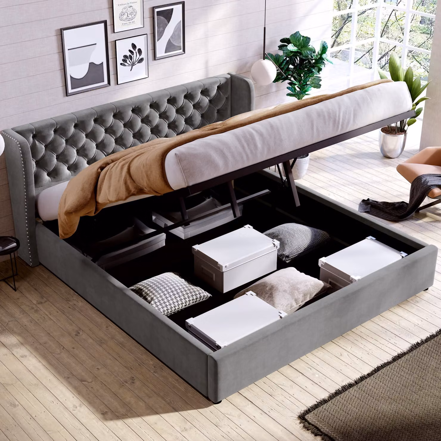 Letto imbottito Merax 180x200cm con rete a doghe, letto a molle idrauliche con rete e contenitore, letto matrimoniale in velluto a forma di orecchio, grigio