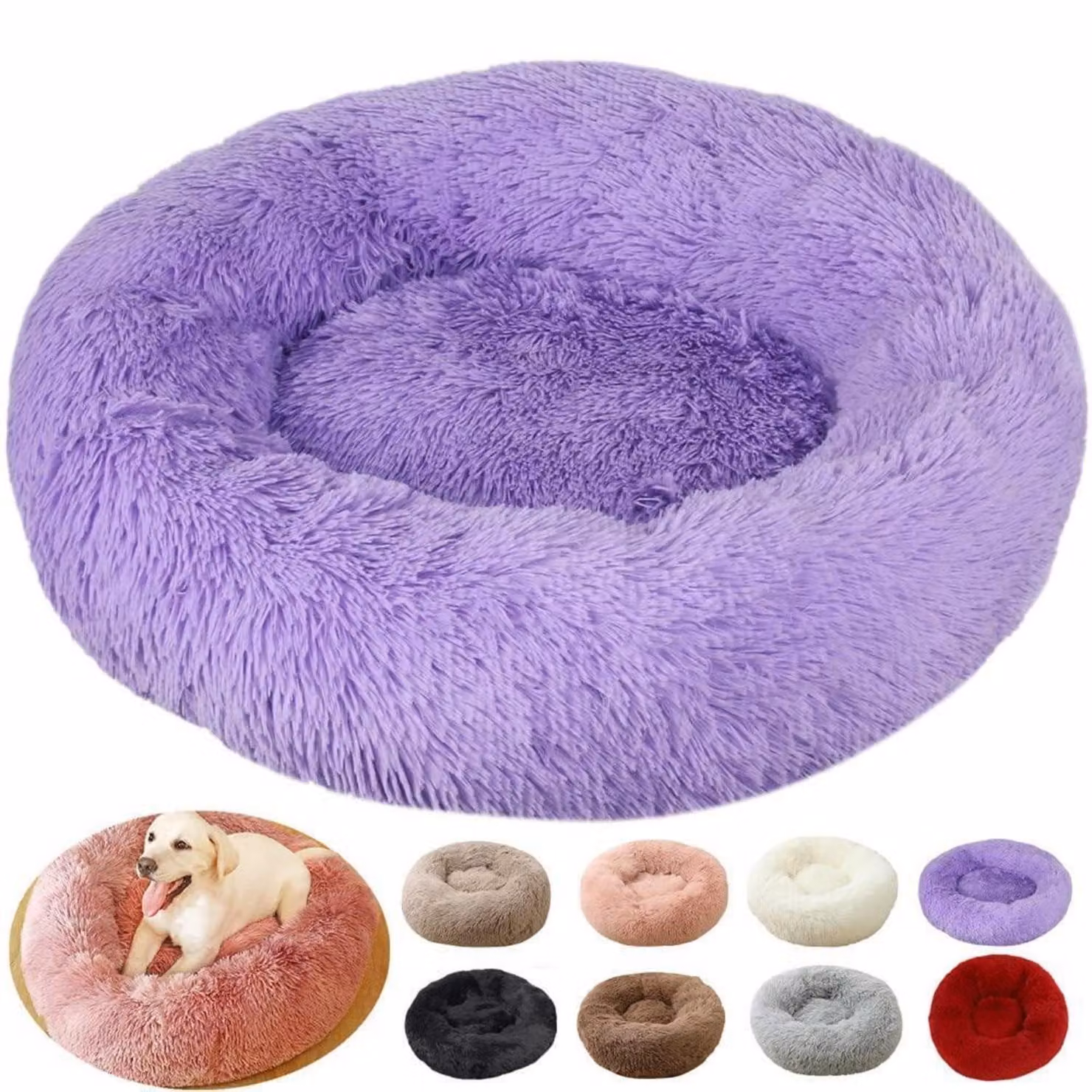 Cuccia per cani a forma di ciambella, rotonda, 70 cm di diametro, color lilla, in peluche, lavabile, antistress