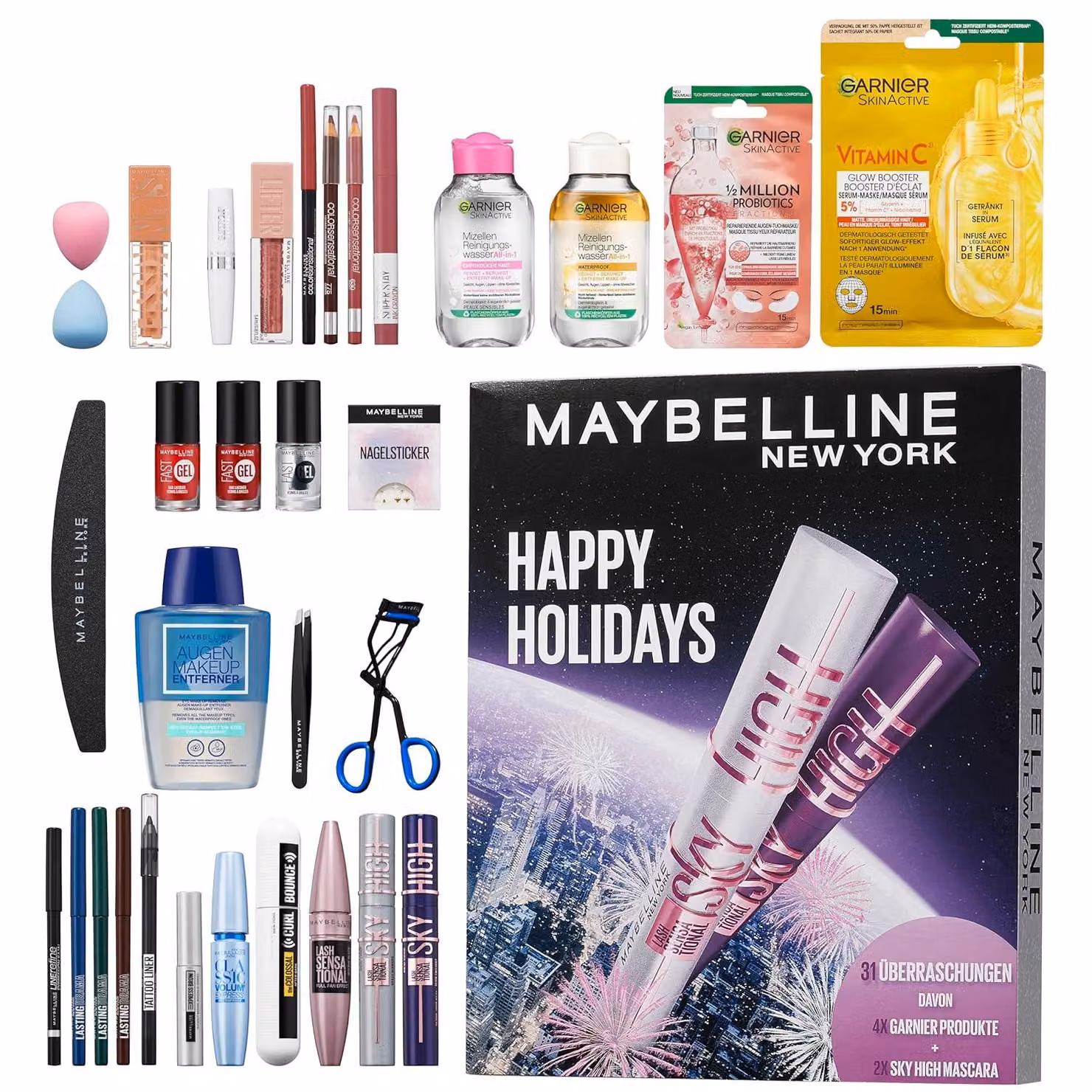 Calendario dell'Avvento Maybelline New York 2025 con 31 porte, 26 prodotti originali e 5 chicche, tra cui 2 Sky High Mascara e 4 Garnier Skincare Highlights