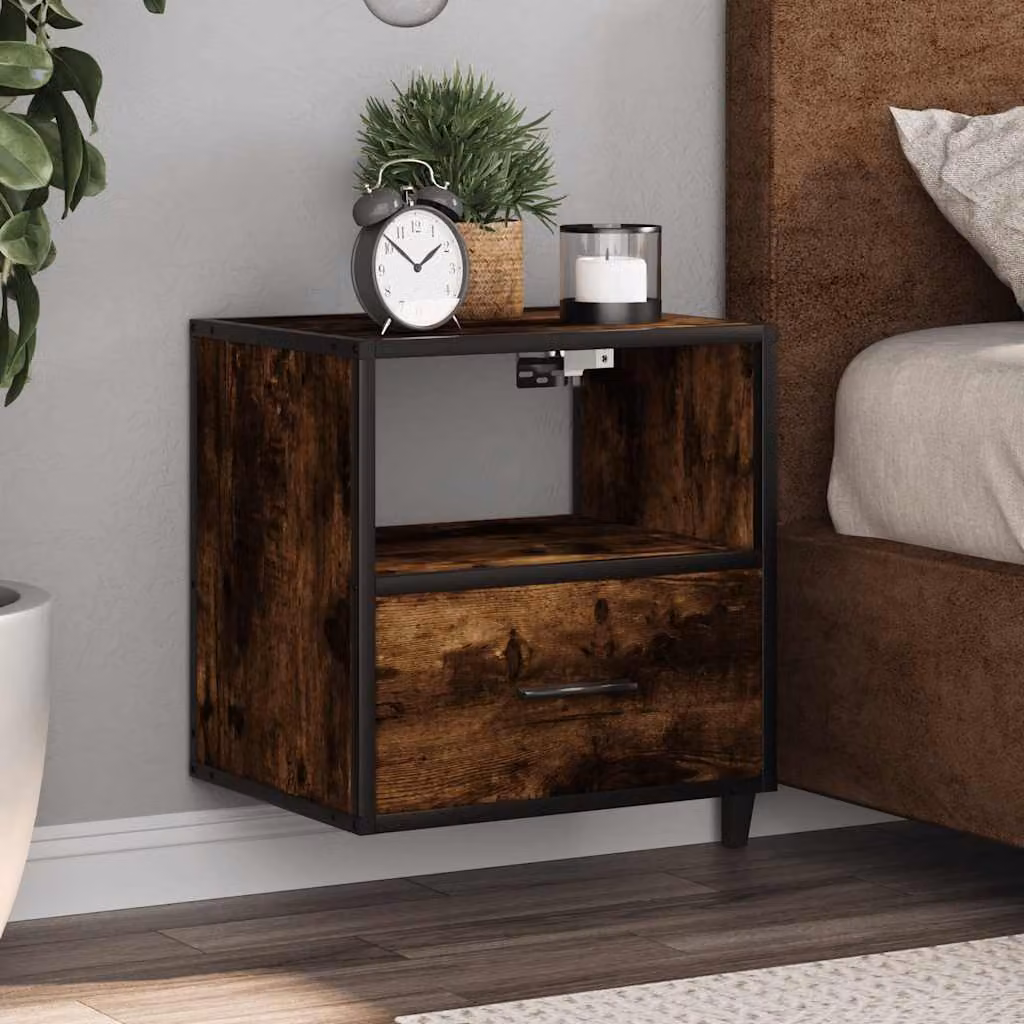 Set di 2 comodini da muro vidaXL in stile industriale, colore rovere fumo, L 40 cm x P 31 cm x H 39,5 cm