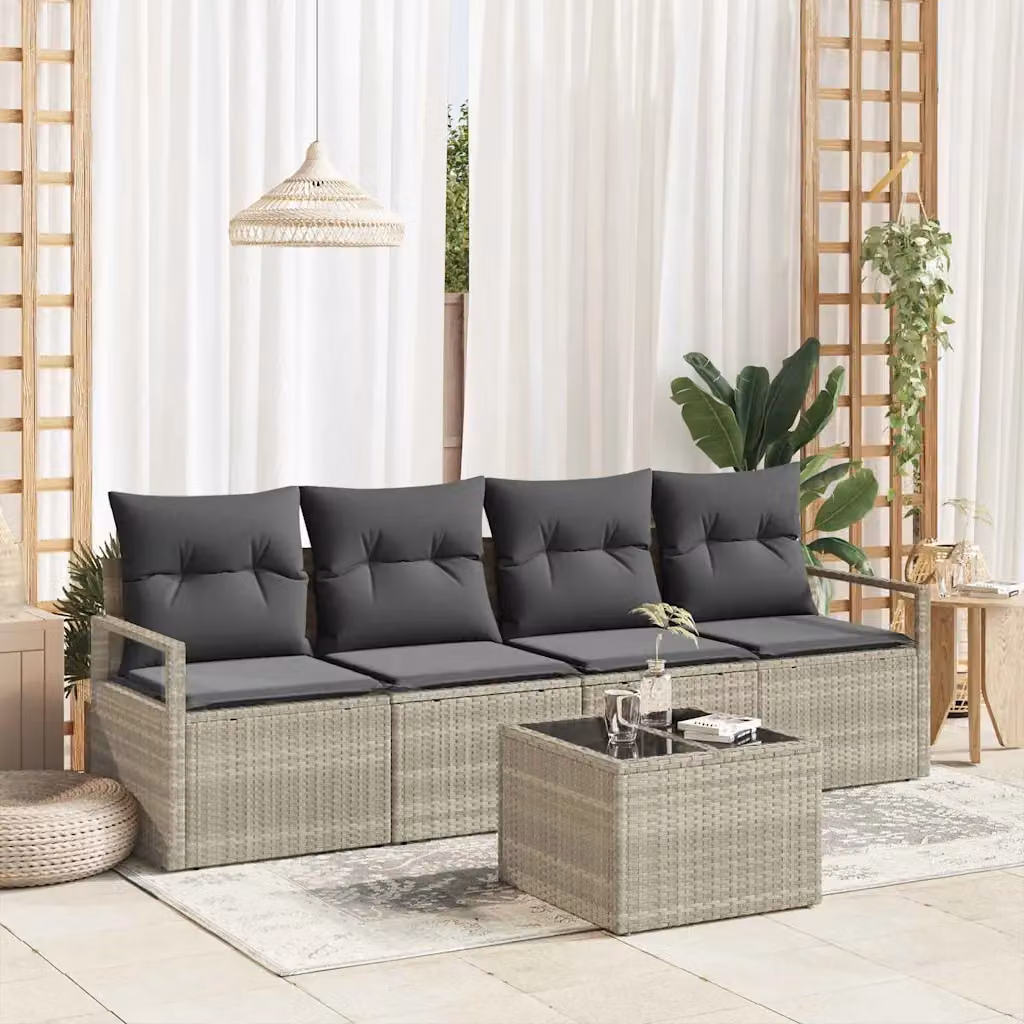 Set di divani da giardino vidaXL a forma di U in rattan grigio con tavolo da caffè e cuscini inclusi – 1