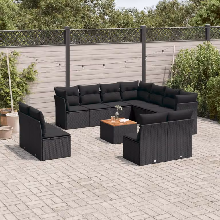 vidaXL Set Divani da Giardino a L con Tavolino da Esterno 12 pz in Polyrattan e Acciaio Nero con Cuscini Rimovibili