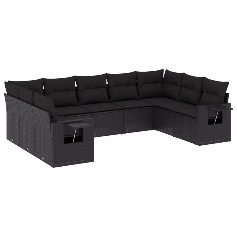 Set Divani da Giardino 9 pz con Cuscini Nero in Polyrattan