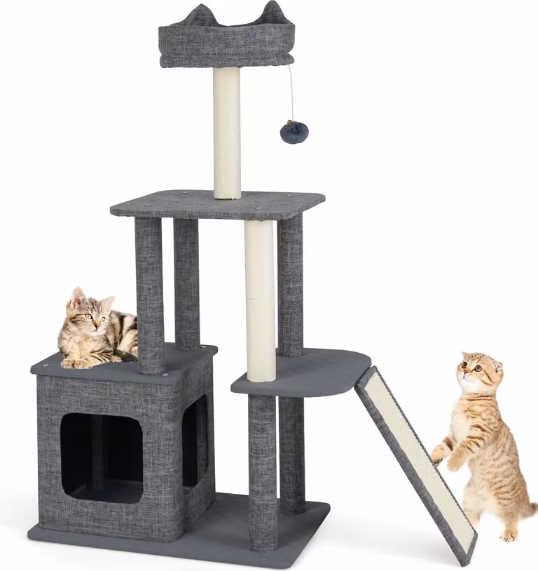 Tiragraffi COSTWAY alto 114 cm, albero per gatti con grotta per gatti, sedile a forma di fiore, palla, amaca, tavoletta in sisal e tiragraffi, arredamento per gatti
