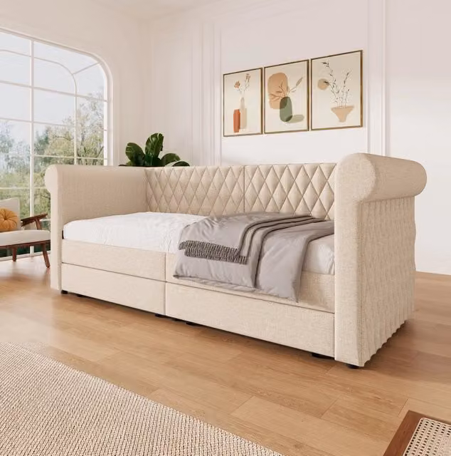 Letto da giorno 90x200 cm con 2 cassetti in lino beige