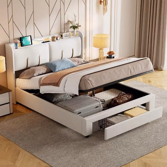 Letto contenitore matrimoniale con led e porta USB ¨C Minimal ¨C 140x200 cm velluto beige