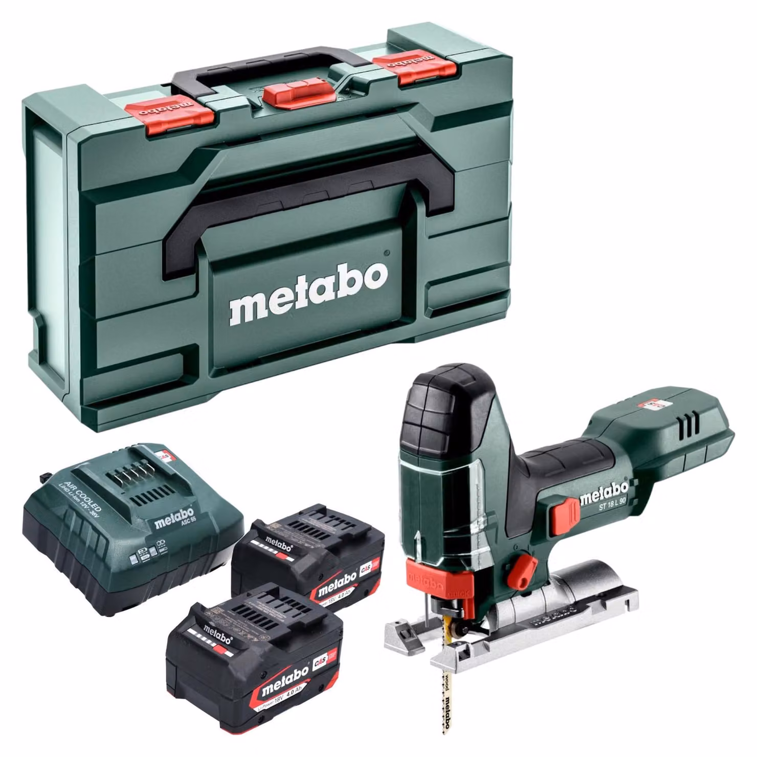 Sega a gattuccio a batteria Metabo ST 18 L 90 da 18 V, 90 mm + 2 batterie da 4,0 Ah + caricabatterie + Metabox