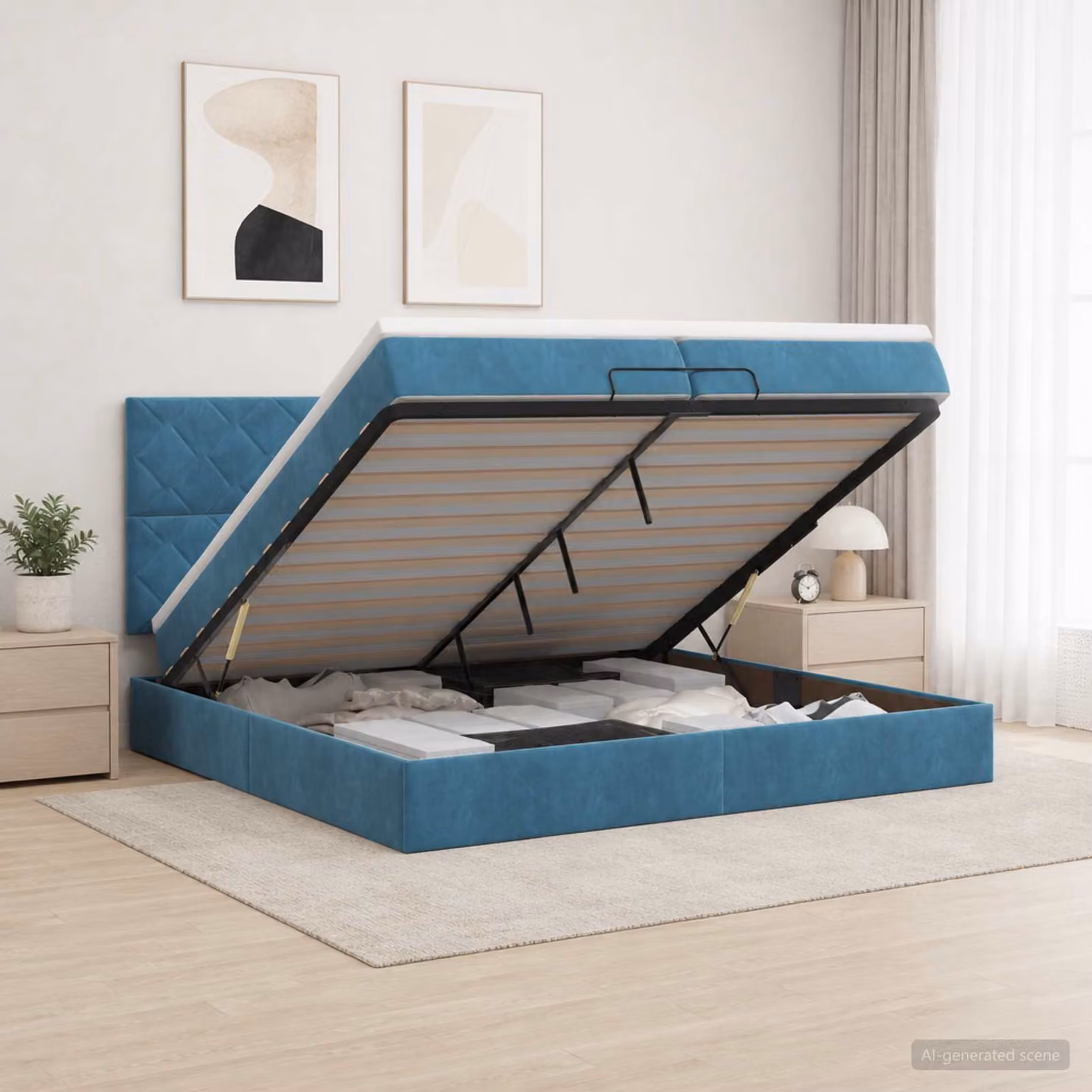 vidaXL Letto Ottomano Moderno in Velluto Blu con Materasso Ibrido e Illuminazione LED Sotto il Letto L/P/H: 200 x 200 x 88 cm