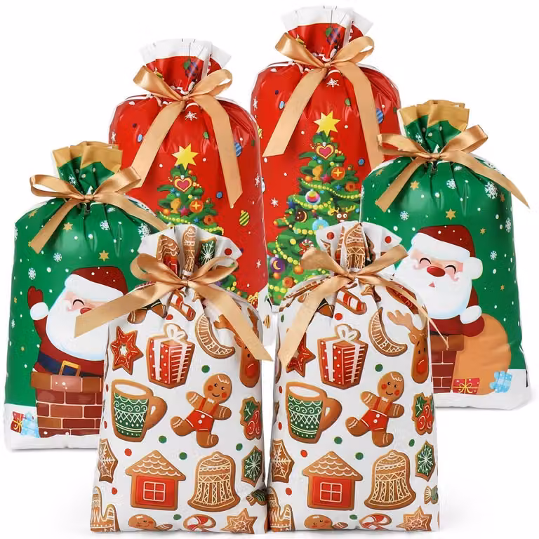 Sacchetti natalizi per dolcetti, confezione da 30 pezzi con coulisse, dimensioni 23x34 cm, colori: verde, bianco, rosso