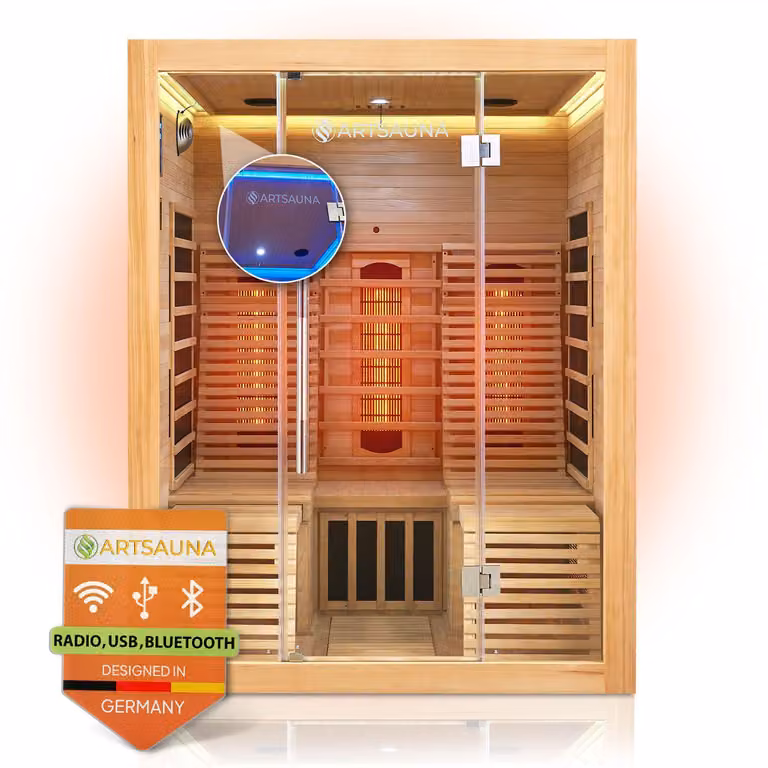Artsauna cabina a infrarossi Helsinki 150 - Sauna a infrarossi 150x150 cm con doppia tecnologia, terapia a luce colorata LED e 2 lettini per 3 persone - cabina termica