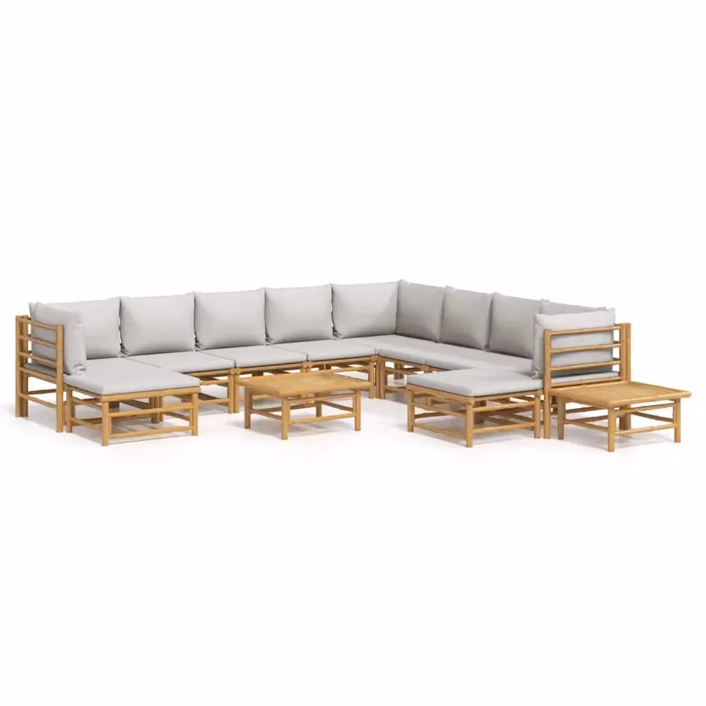 Set Salotto da Giardino vidaXL in Bambu con Cuscini Grigio Chiaro 12 Pezzi – 2