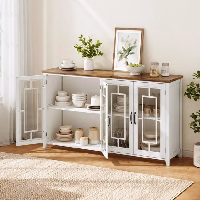 Credenza Mivray moderna in MDF bianco opaco con ante in vetro per cucina e soggiorno L: 160 cm, P: 40 cm, H: 86 cm